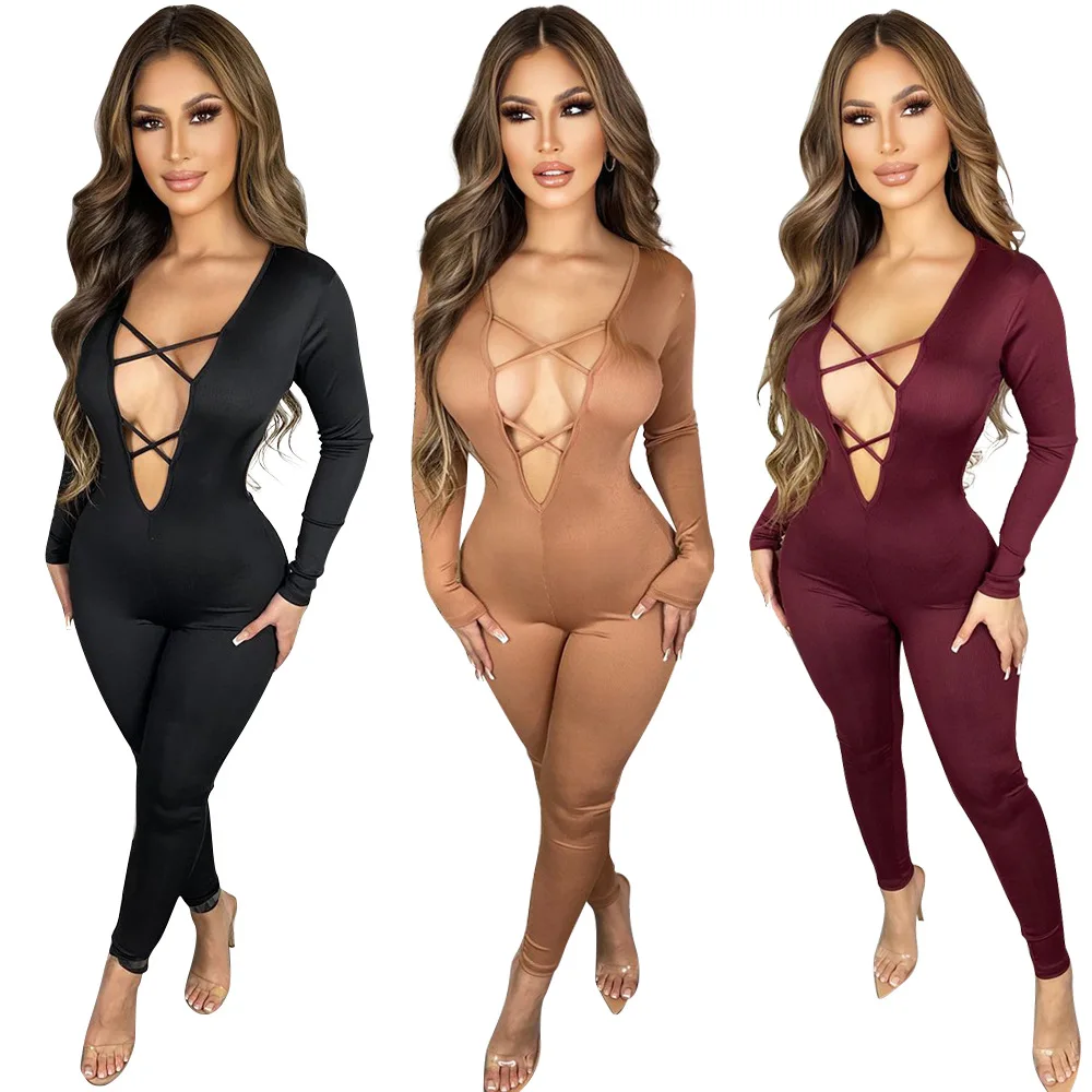 

Solid Long Sleeve Lace Up V Neck Hollow Out Ruched Fitness Sport Jumpsuit Women Sexy Backless Bandage One Piece Rompers Overalls