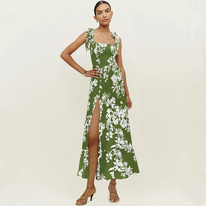 

New Kleider Frauen Spring Elegante Vintage Hohe Slit Sexy Midi Kleid Square Neck Sleeveless Binden Gurt Sommer Kleid Kleidung