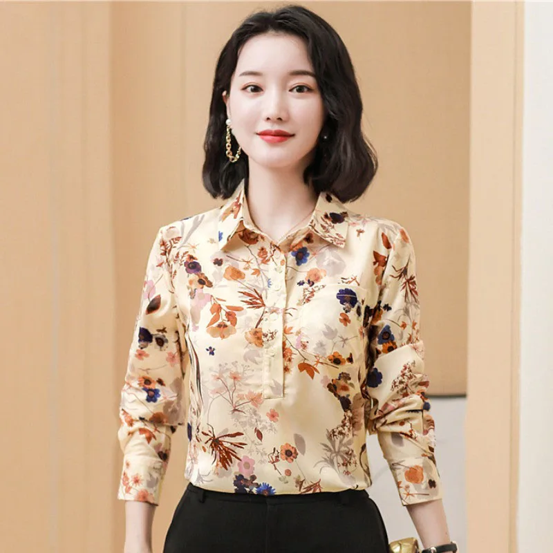Vintage Printed Lapel Button Loose All-match Blouse Women's Clothing 2023 Spring New Casual Pullovers Office Lady Shirt