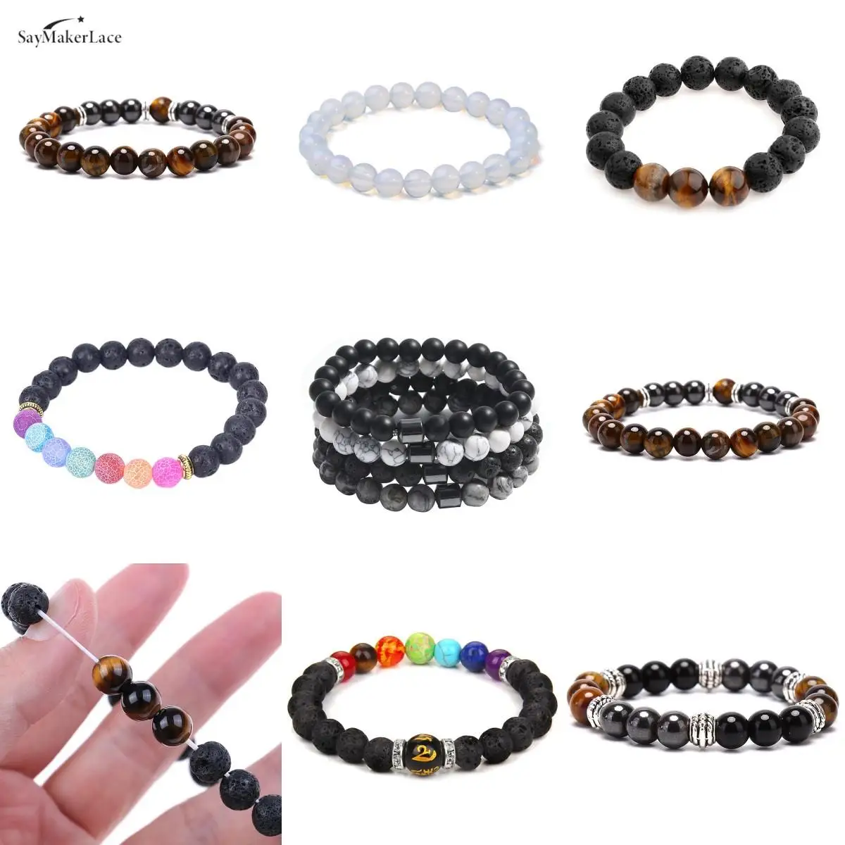 

Men Women 8mm Natural Lava Stone Tiger Eye Rock Bracelet Elastic Yoga Beads Hematite Obsidian Charm Bracelet Jewelry
