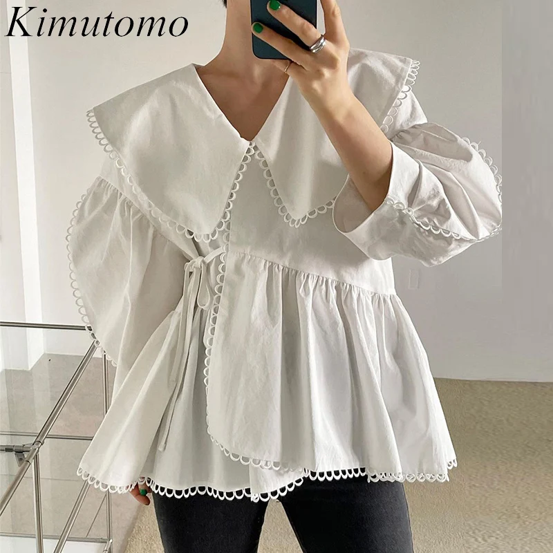 

Kimutomo шикарные женские рубашки Весна Новинка корейский стиль 2022 Ins однотонный большой лацкан вышивка кружево галстук Талия Асимметричный по...