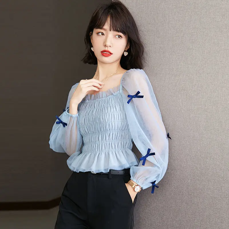 

Blouse casual female 2022 Summer new bow square collar sunscreen long -sleeved solid top small shirt women's clothing tops