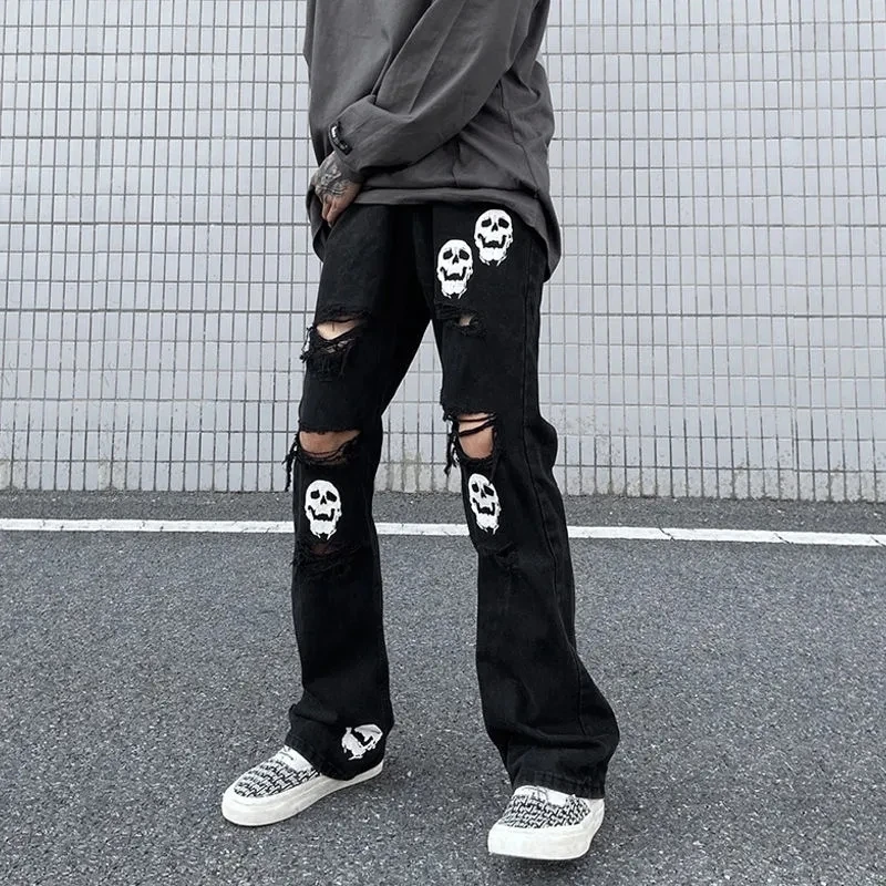 High Street Jeans Skull Print Hollow Jean Pant Denim Straight Pants Men and Women 2023 Summer Hip Hop Streetwear Clothing Black