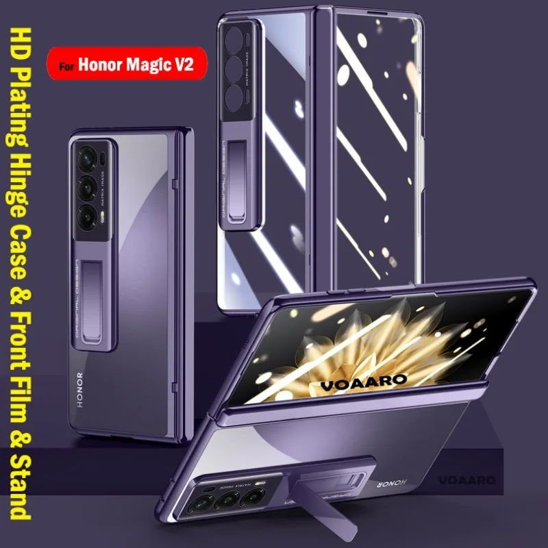 

HD Transparent Plating Funda for Honor Magic V2 Hinge Case Full Protection Cover for Honor Magic V2 Case with Stand & Front Film