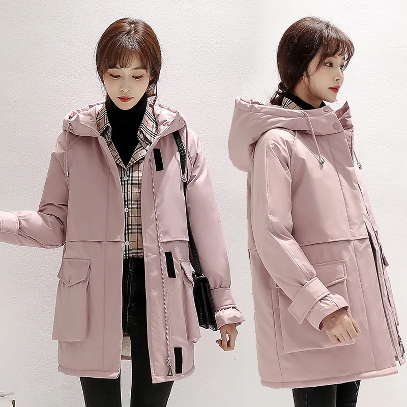 Women's Winter Korean Style Loose Plus Velvet Thickening Warm Quilted Jackets Mid-length Parkas Cotton Coat Hooded Padded Jacket