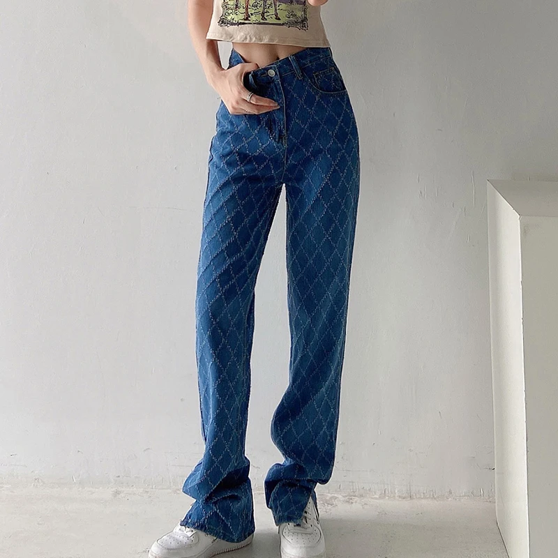 

Ripped Rhombus Women's Jeans Vintage High Waist Straight Denim Trousers Streetwear All-match Casual Female Baggy Pants