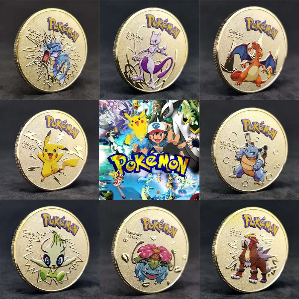 

Pokemon Coins Metal Anime Action Figure Commemorative Coin Charizard Pikachu Golden Pokemon Cards Round Coin Collection Toys