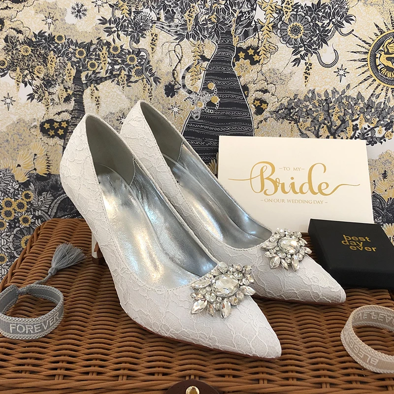 New Pointed Toe Wedding Bridal Pumps Lace Rhinestone Party Dress Shoes Slip On Prom Evening High Heels Casual