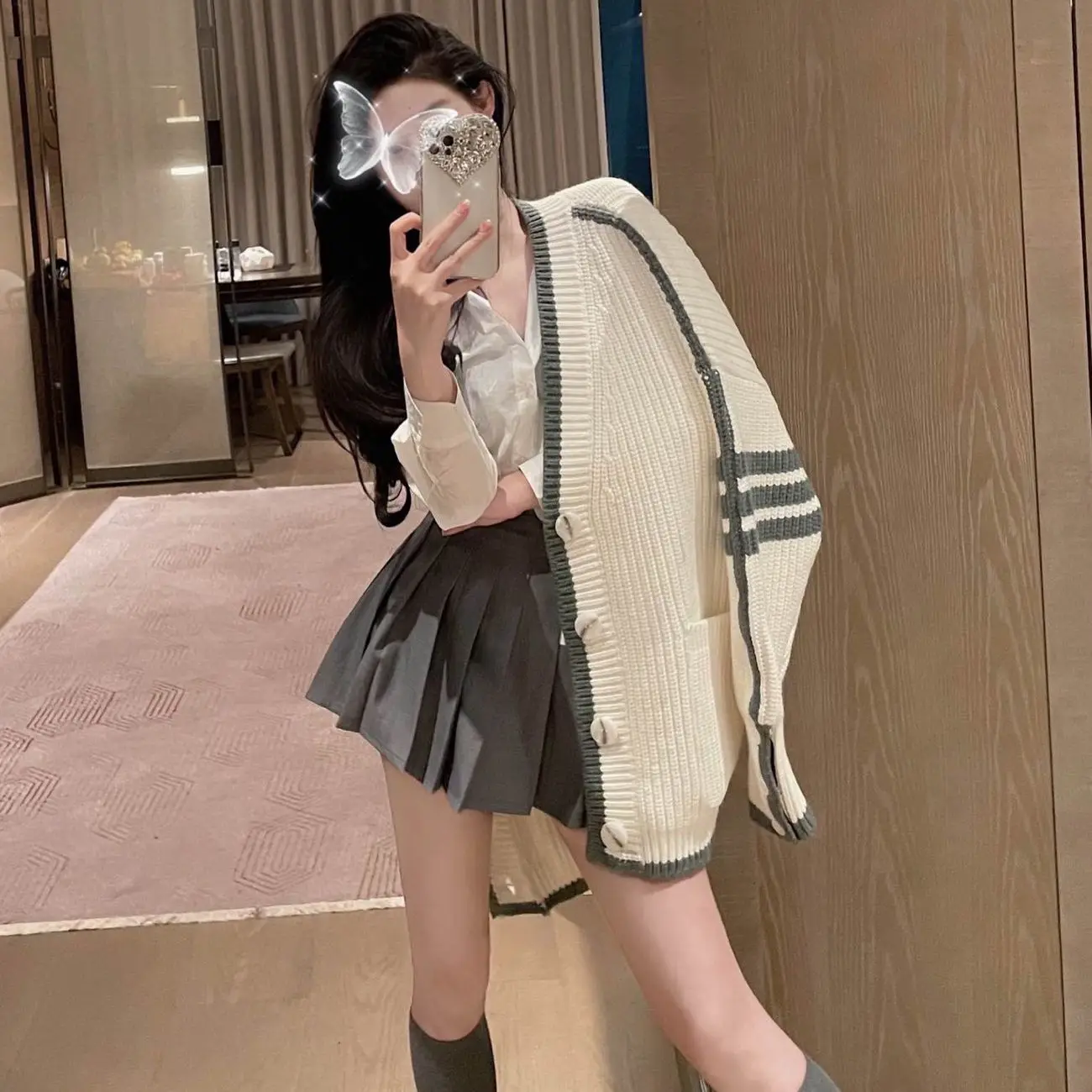 

Длинный плотный вязаный кардиган TB, женский осенне-зимний объемный вязаный свободный свитер на бедрах, шерстяное пальто высокой версии