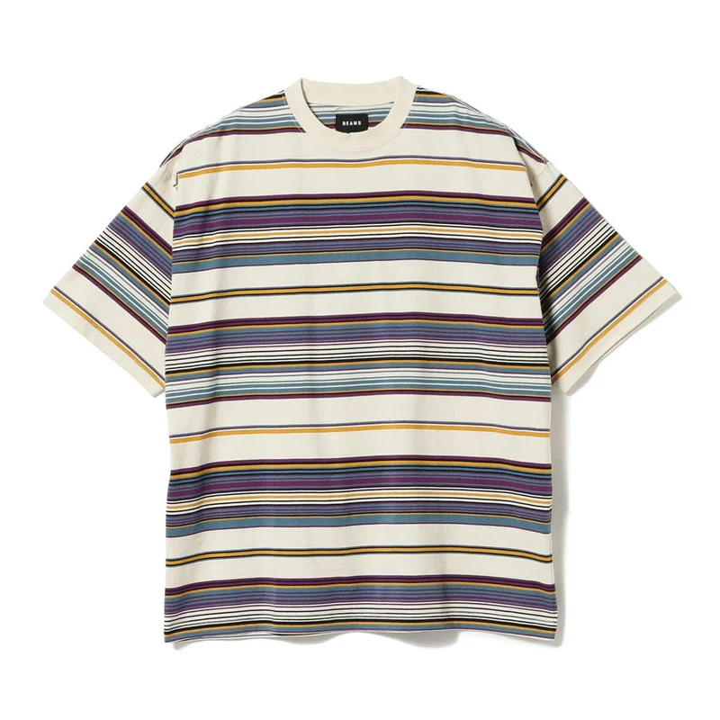 

BEAMS 23SS Japanese Style Retro Color Splicing Colored Stripes Pure Cotton Fallow Baggy Round Neck Short Sleeve T-Shirt For Men