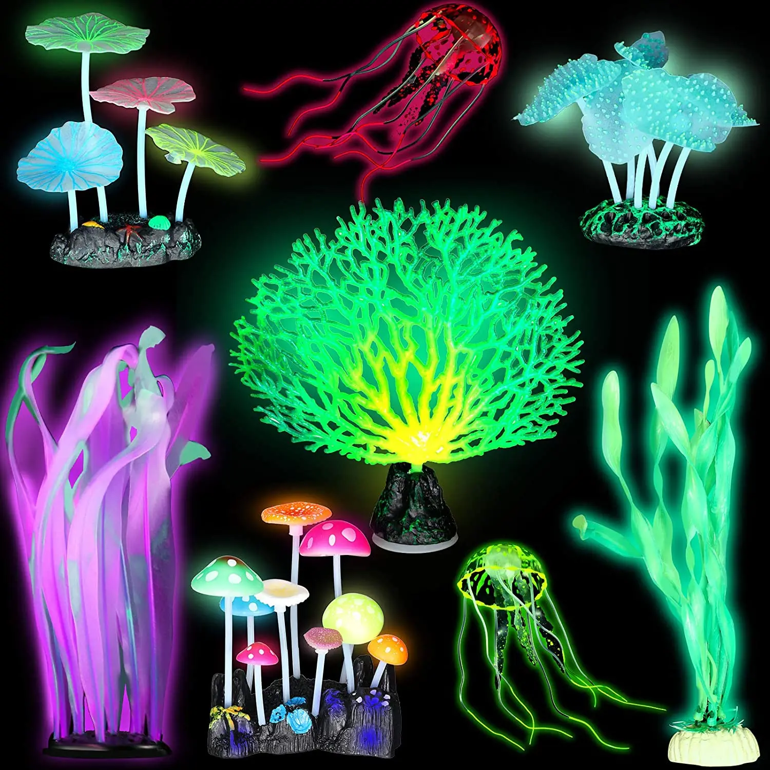 

8 Pieces Glowing Fish Tank Decorations Plants with 2 Style Glowing Kelp, Sea Anemone, Simulation Coral, Jellyfish for Aquarium