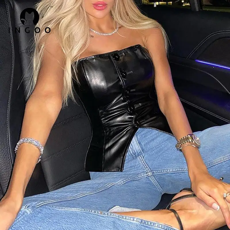 

Женский однобортный Топ без бретелек INGOO, черный укороченный топ из искусственной кожи с открытой спиной, лето 2019