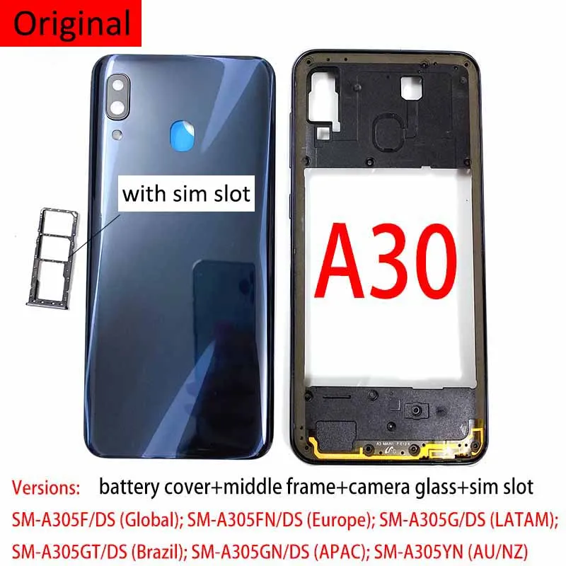 Original A30 Rear Door Battery Back Cover + Middle Frame Case Samsung Galaxy A305 Mobile Phone Parts Plate Bezel Sim Slot Tray