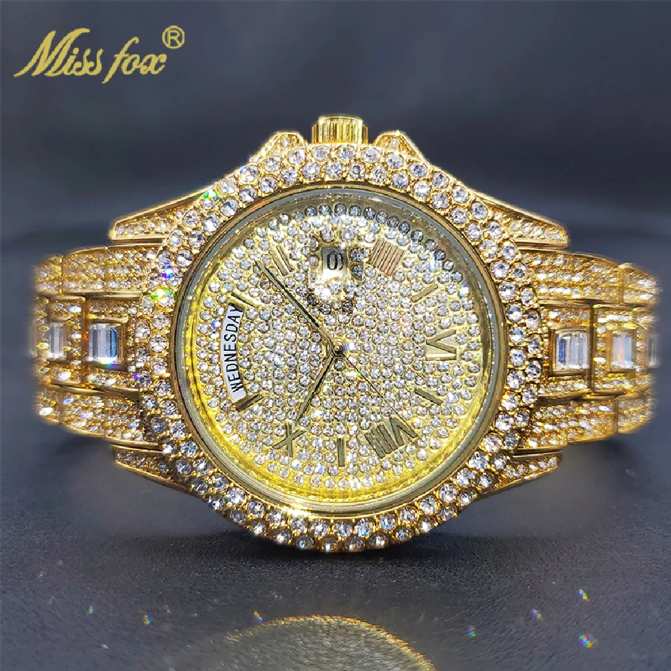 

New 18K Gold Men Luxury Designer Watch Moissanite Date Day Just Ice Out Quartz Watches Dropshipping