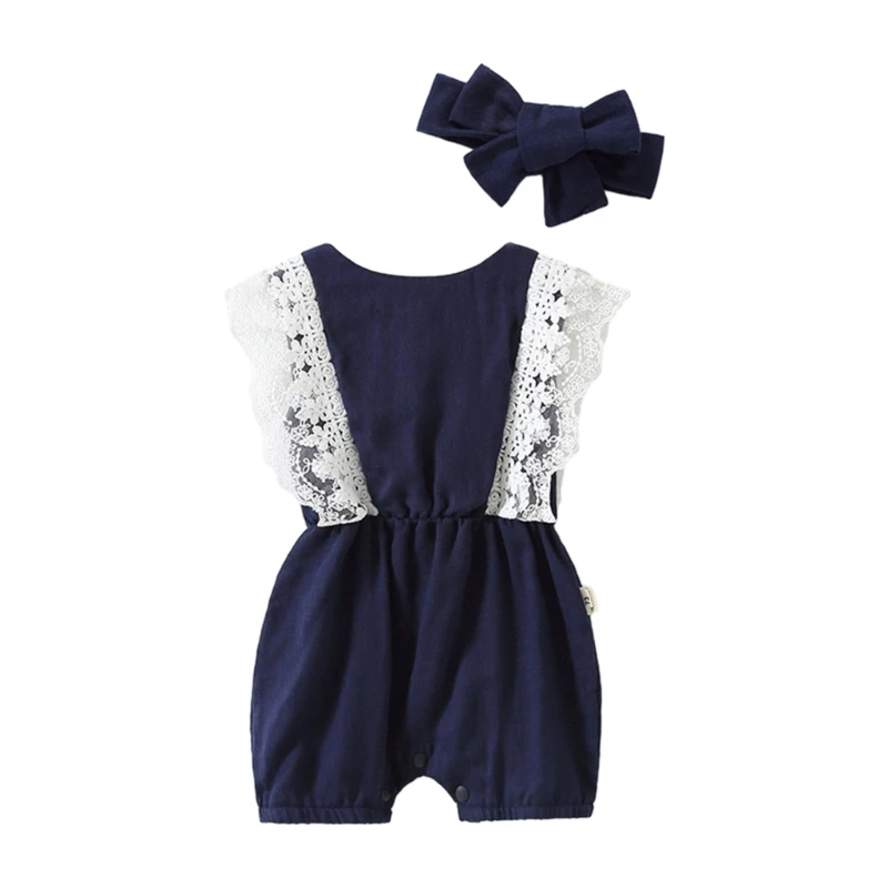 

N80C Infant Baby Girl Romper Dress with Bow Headband Summer Lace Bodysuits Jumpsuits Little Girl Summer Clothes Headband