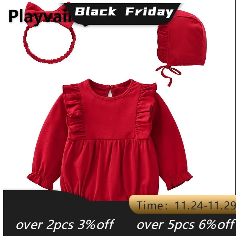 

Baby Full Moon Clothes Autumn Baby Girls Bodysuit One Year Old Red Jumpsuit+cap+hair Band Infant Clothes Newborn Outfits E0530