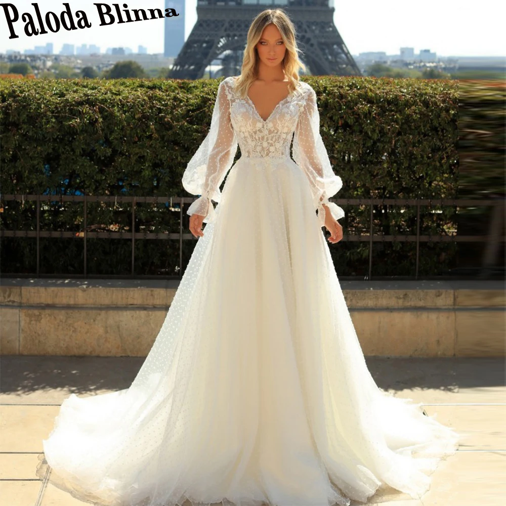 

Paloda Pastrol Polka Dot Tulle Wedding Gown For Bride V-Neck Appliques Long Lantern Sleeves Backless Court Train A-LINE