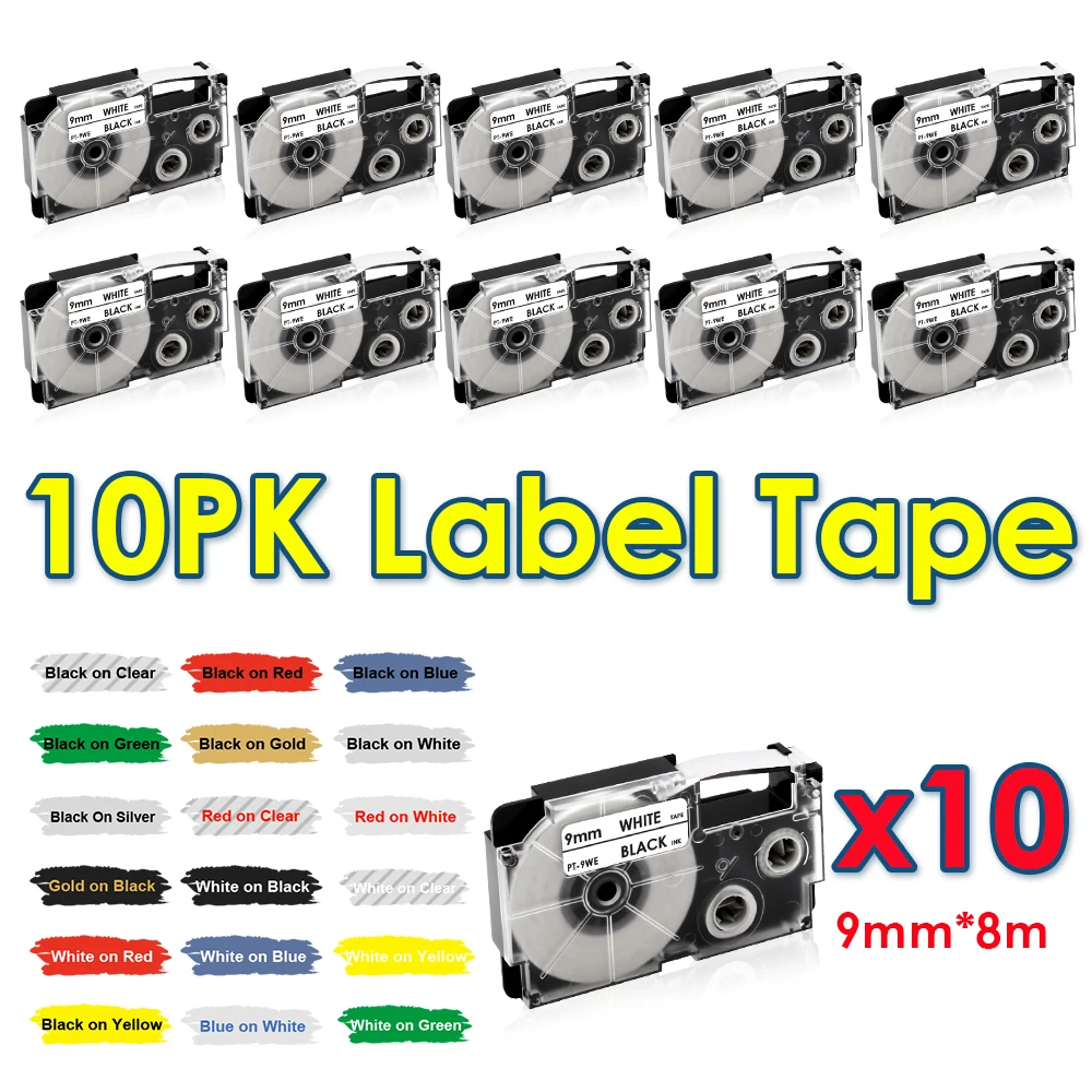 

10PK Label XR-9WE For Casio XR9WE XR-9X XR-9RD XR-9BU XR-9YW XR-9GN Label Tape Compatible for Casio KL-60 KL-120 100 Label Maker