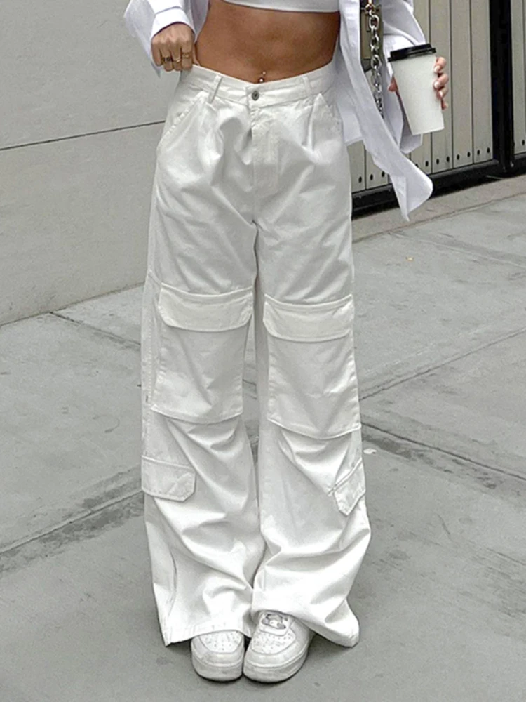 

WeiYao White Wide Leg Baggy Mom Jeans Big Pockets Korean Fashion Cargo Pants Women Street Style Casual Basic Denim Trousers