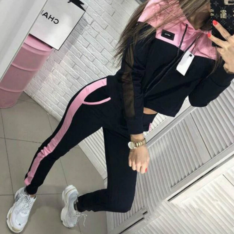 

Women Autumn Femme Sportswear Suit Fashion Patchwork 2pcs Tracksuit New Spring High Neck Drawstring Top Pullover & Trousers Set