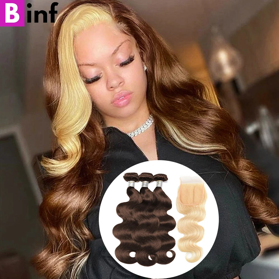 

Chocolate Blonde #4 Colored Body Wave Bundles With 613 Blonde Lace Closure Peruvian Remy Hair Weave Bundles With Closure
