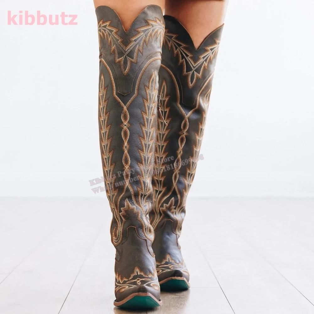 Винтажные Ковбойские Сапоги выше колена с заклепками и вышивкой на шнуровке из