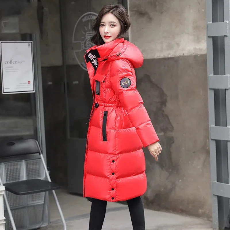 Bright Face Down Jacket Women's 2022 New Mid-Length Hooded Fashion Parkas Pull Rope Waist Thick Warm White Duck Down Coat Female