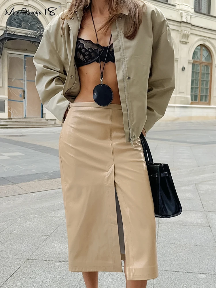 Mnealways18 хаки полиуретановая юбка с разрезом женские прямые теплые Универсальные