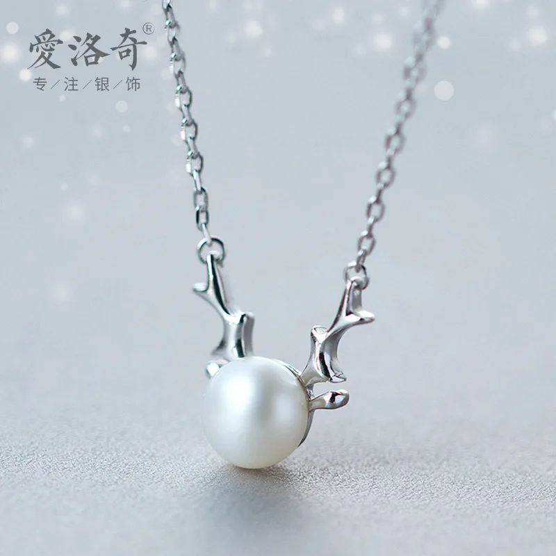 

Женское серебряное ожерелье s925Silver, ожерелье с рисунком лося, подвеска с искусственным жемчугом на Рождество