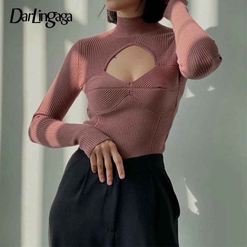 

Darlingaga Fashion Sexy Solid Basic Autumn Pullover Knitted Turtleneck Sweater Female Casual Cut Out Elegant Jumpers Knitwears