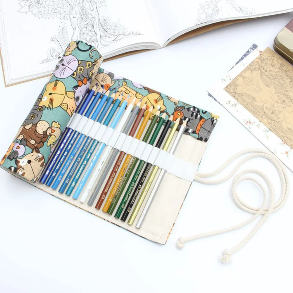 

Roll Case Holder Coloredcanvas Storage Pouch Portabledrawing Diy Bag Wrap Pen Pattern Cat Cartoon Knitting