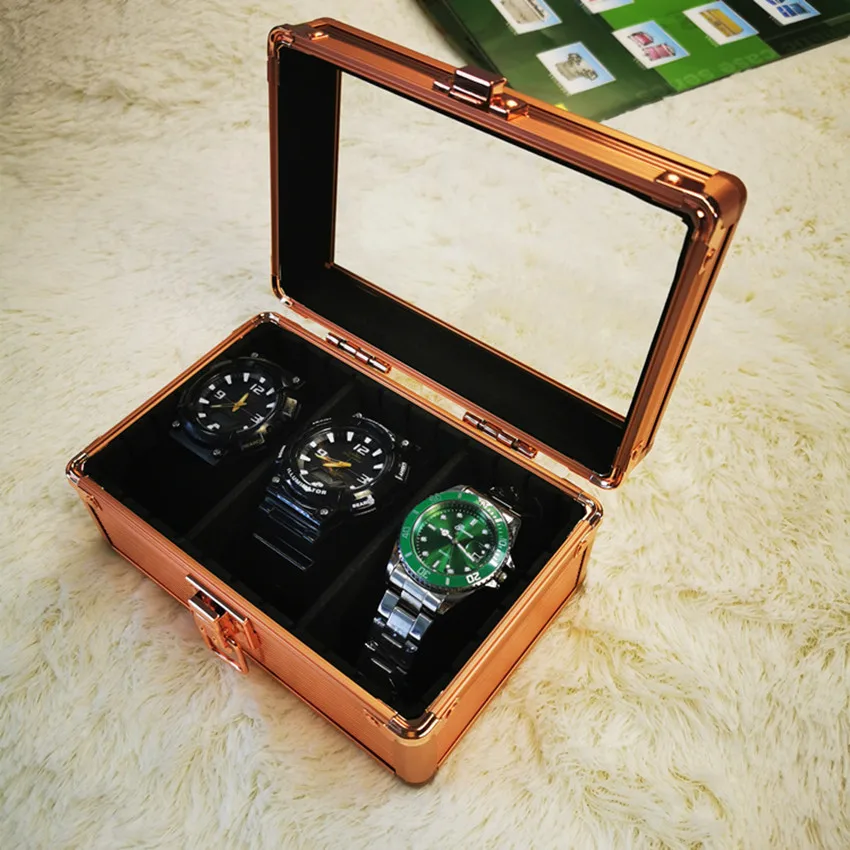 

Luxury Gold Watch Box Aluminum Case Suitcase 3 Bit Men's Watches Display Watch Boxes Storage Organizer Box Pillow Gift Ideas
