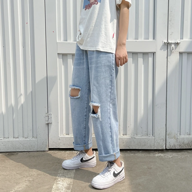 Classic Style Men's Straight Loose Fit Light Blue Jeans Spring and Summer New Korean Fashion Cropped Denim Wide Leg Pants