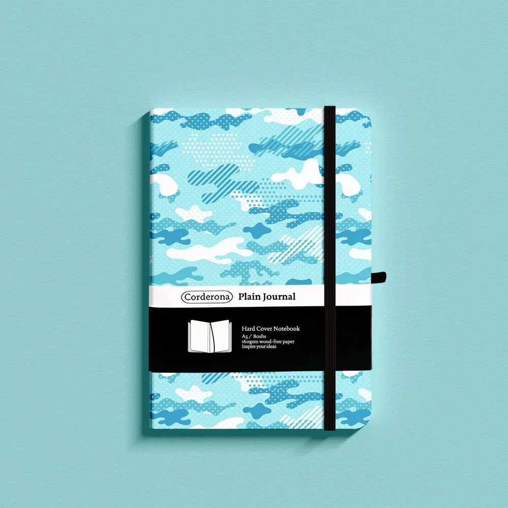 A5 160gsm Plain Notebook, Air Force Camouflage, Elastic Band, Pen Loop, Back Pocket, Hard Cover Blank Journal