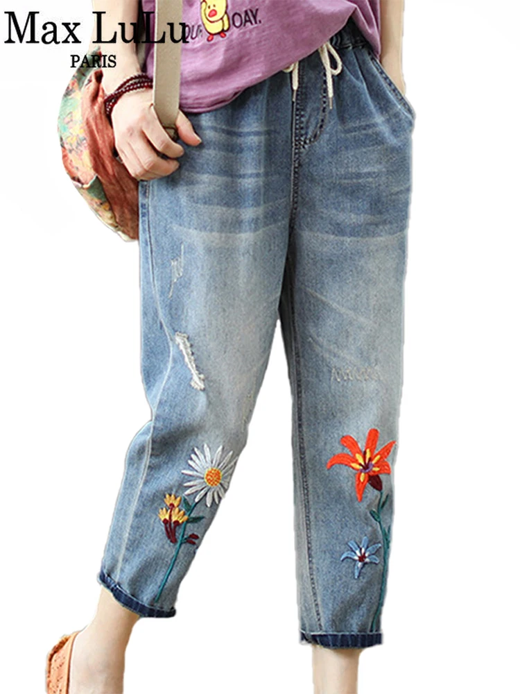 Max LuLu 2022 yeni moda yaz bayanlar elastik kot kadın rahat çiçek nakış Denim pantolon kadın boy Harem pantolon