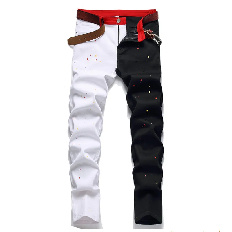 Autumn Men's Black White Patchwork Denim Pants Streetwear Hip Hop Ripped Holes Jeans Fashion Harajuku Denim Trousers Jean Homme
