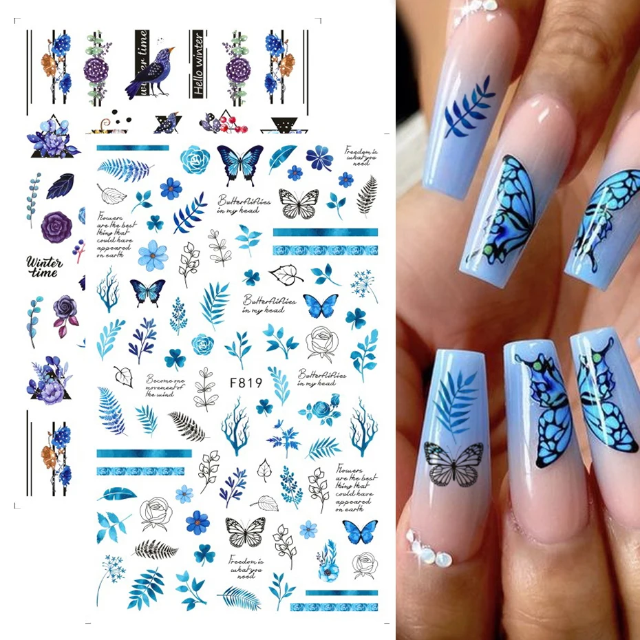 

Blue Rose Flower Slider Nail Sticker Butterfly Strip Geometry Blossoms Birds Leaf Decals Polish Nail Art Decoration Wholesale