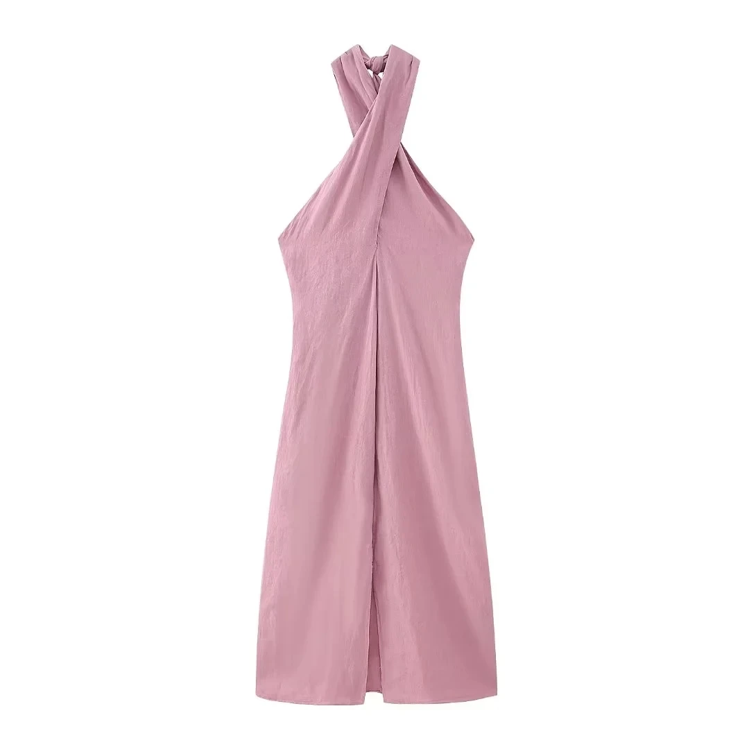 Летнее сексуальное приталенное розовое платье TRAF с лямкой на шее женское