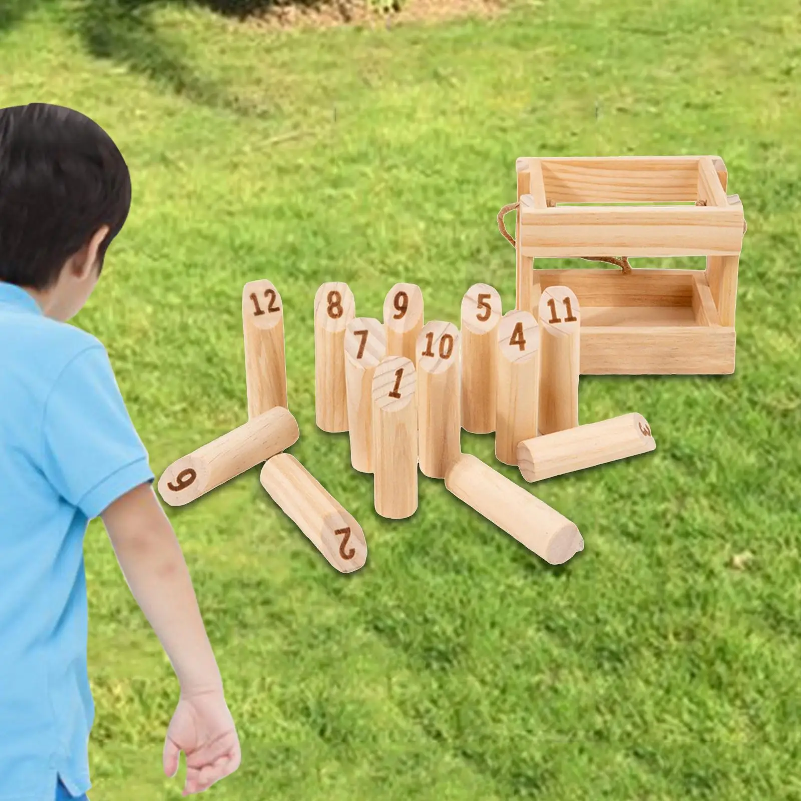 

Wooden Tossing Game 12 Pcs Numbered Pins Throwing Scatter with Storage Basket for Backyard Lawn All Ages Family Kids
