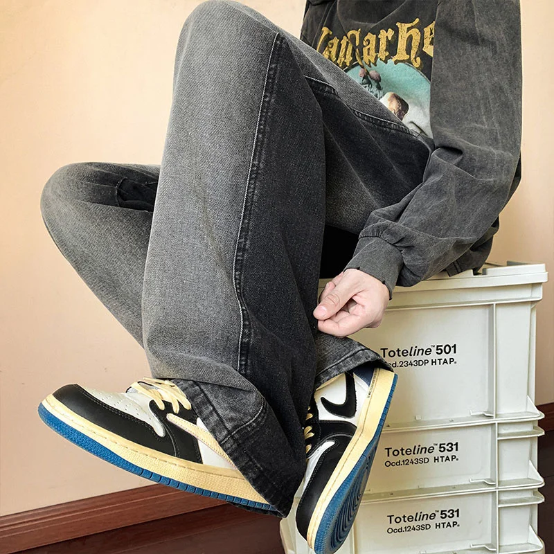 Black Grey Baggy Jeans Men Fashion Retro Casual Straight Jeans Men Japanese Streetwear Hip-hop Loose Denim Pants Mens Trousers