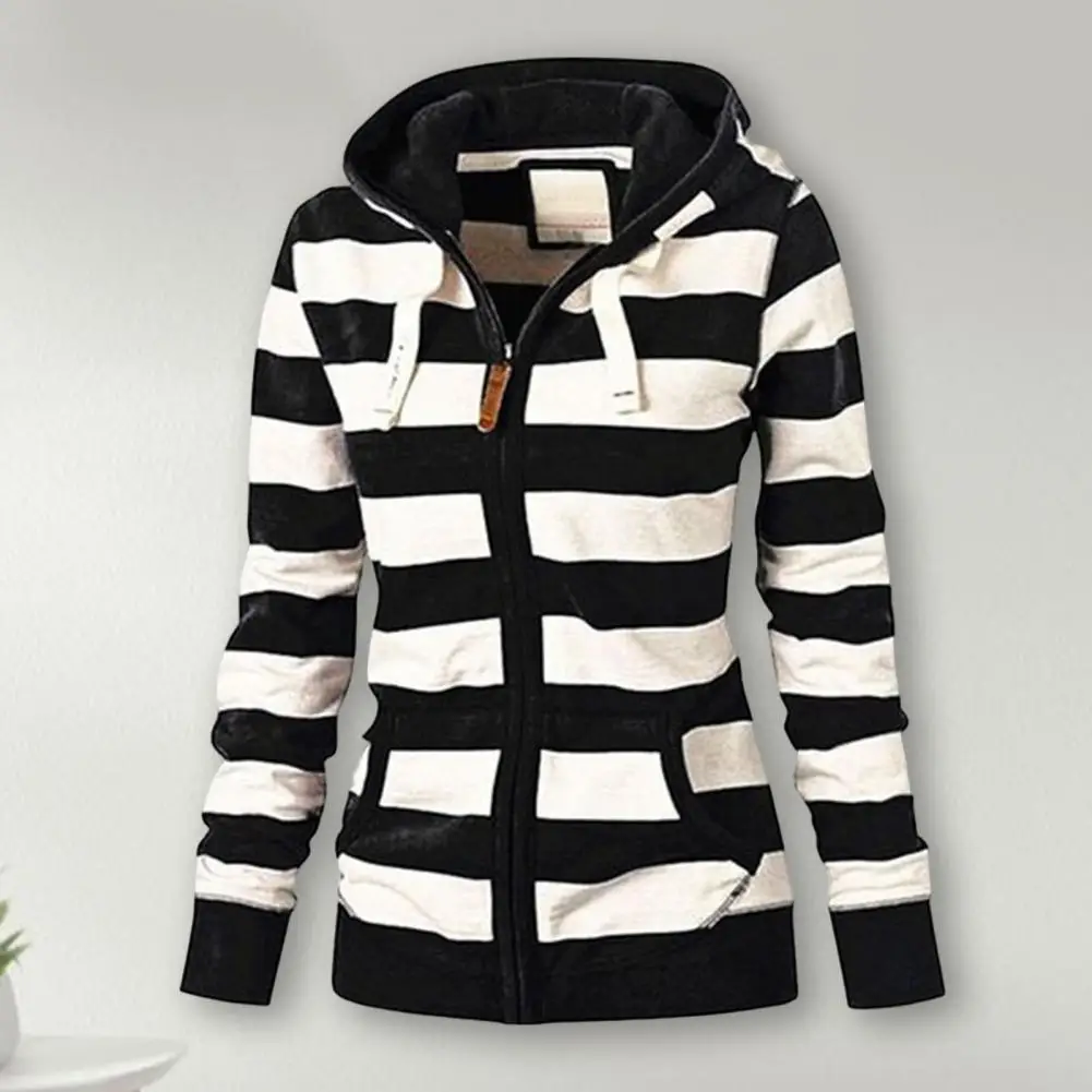 

Sweatshirt Jacket Shrinkable Cuffs Women Coat Lady Simple Casual Striped Print Hooded Coat
