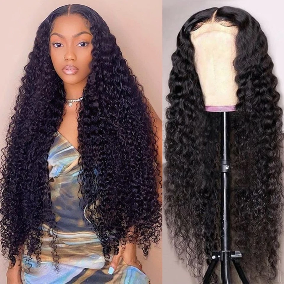 Brazilian Deep Curly Transparent Frontal Wigs for Women Pre Plucked T Part Lace Wig Deep Wave Remy Hair 180 Density Natural