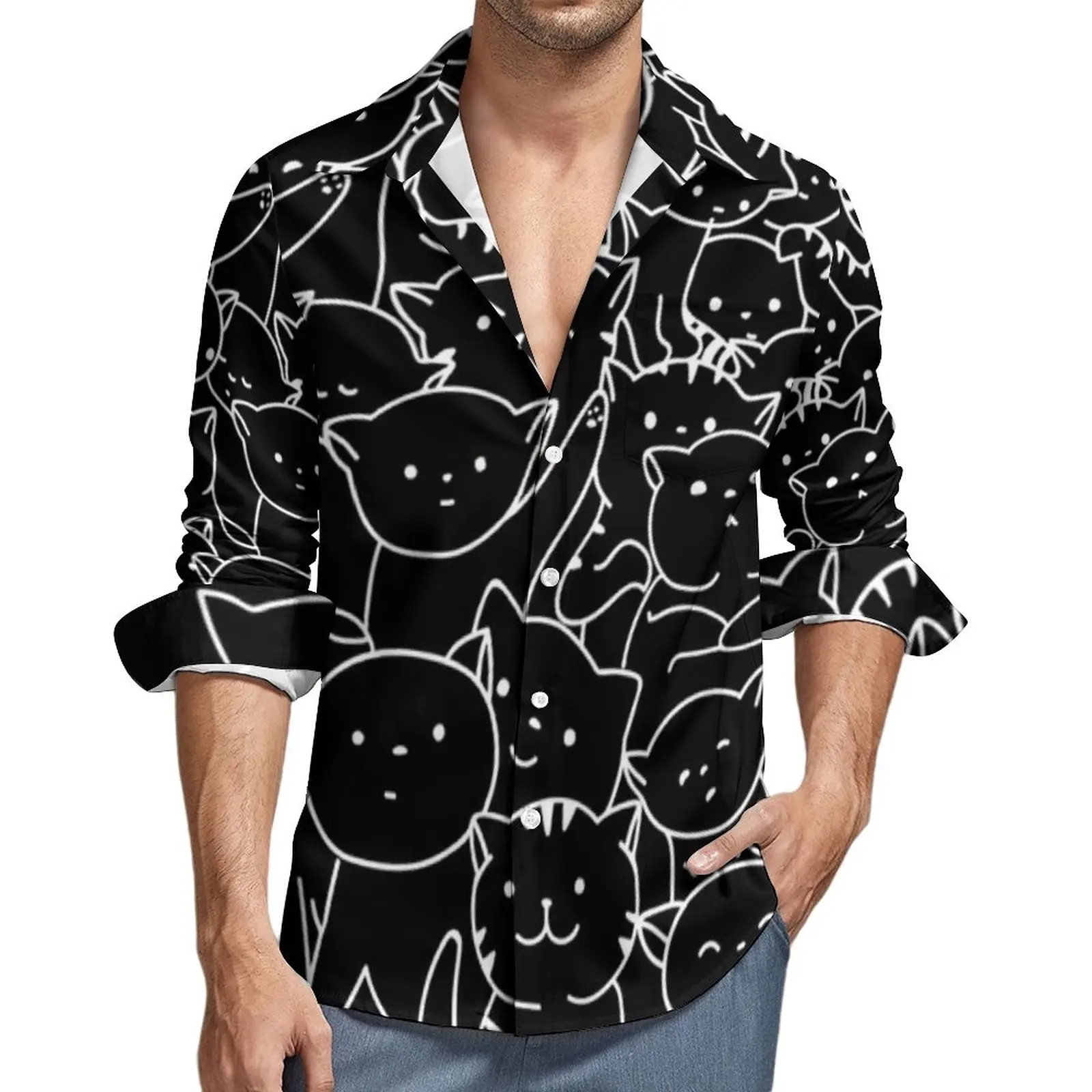 

Kawaii Cat Pattern Casual Shirts Man Kitties Making Huge Pile Of Cute Cats Shirt Vintage Street Style Blouses Graphic Clothing