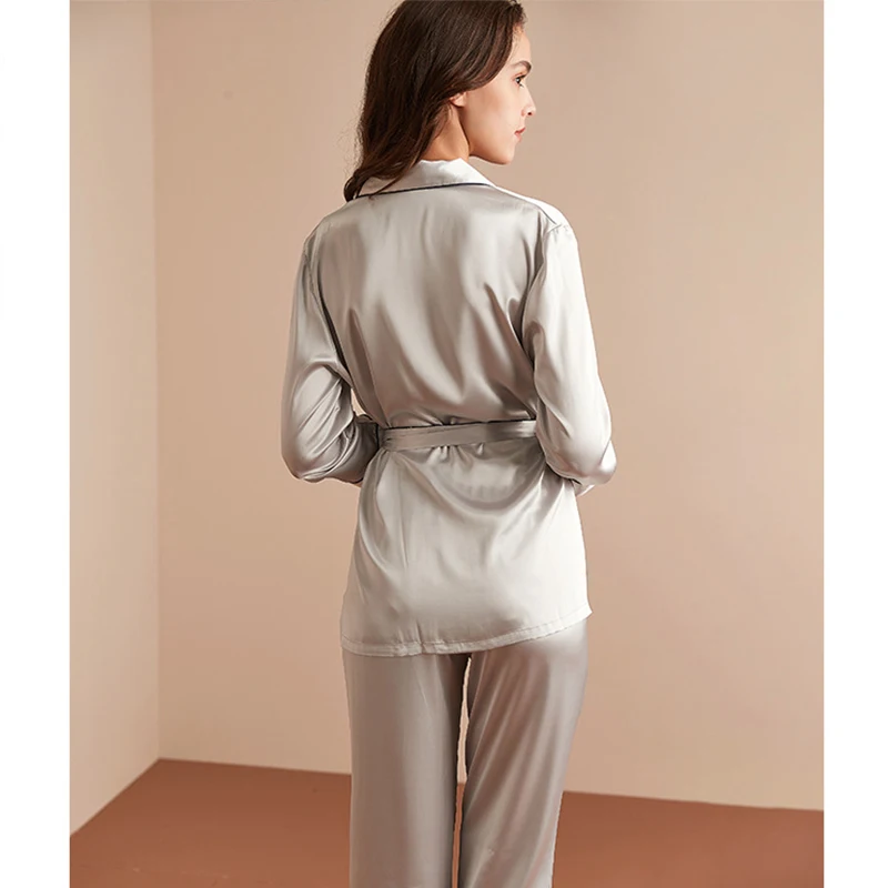 2Pcs Women Lapel Long Sleeves Pajamas Sets Robe Pant Nightwear Ice Silk Sleep Suit Ice Silk Sleep Suit Solid Color Loose Casual