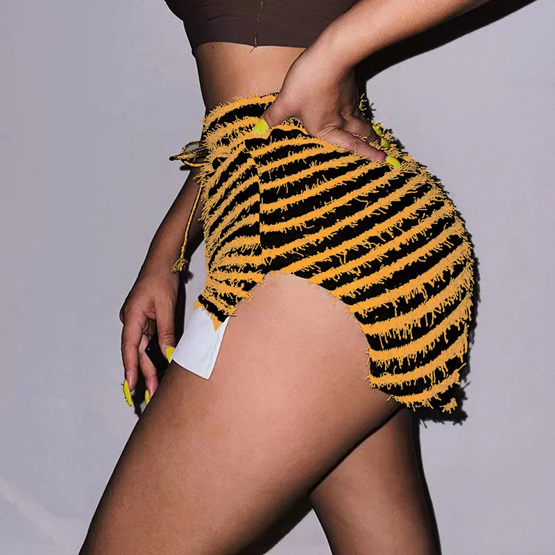 Women Summer Shorts Drawtring Elastic High Waist Striped Short Pants Ladies Stretch Shorts