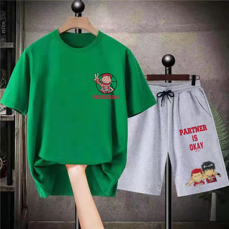 Summer Slum Dunk Men 2 Pieces Set Women Anime Tracksuit T Shirt and Shorts Sets Cotton T-Shirts Korean Style Oversized Print Tee