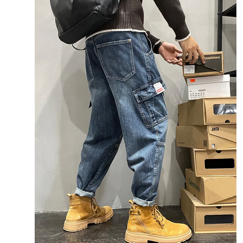 Streetwear Men New Pattern Blue Mop Pants Fashion Hip Hop Multiple Pockets Broad Leg Overalls Temperament Versatile Jeans Autumn