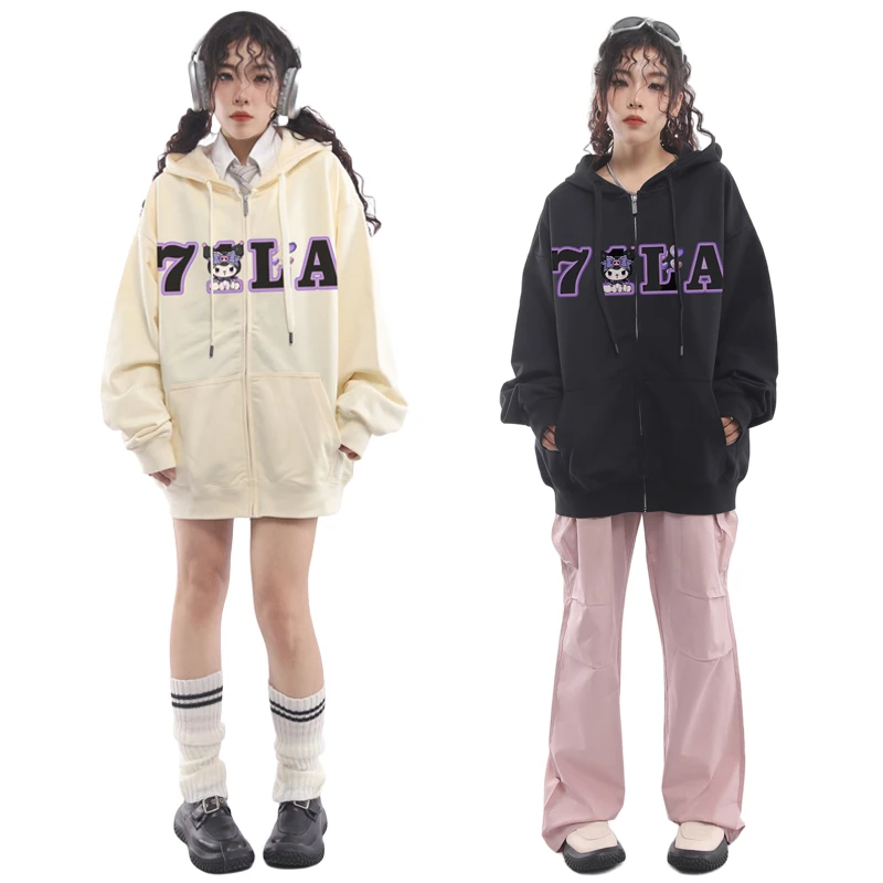 

Sanrios Anime Kuromi Cartoon Cute College Style Hooded Sweater Girl Spring Autumn Clothing Tops Loose Zipper Cardigan Coat