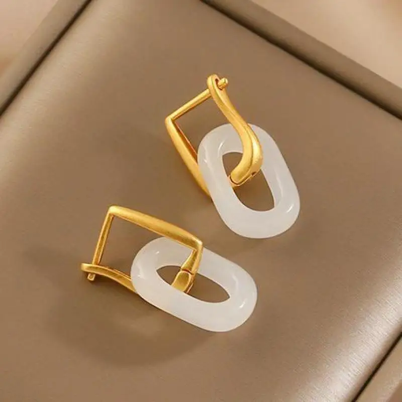

Natural White Jade Rectangular Gold Earrings Women Healing Gemstone Fine Jewelry Genuine Hetian Jades Nephrite Dangle Earring