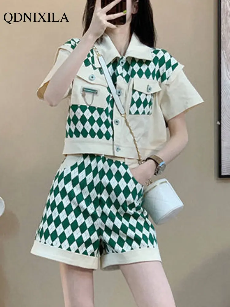 

New In Women's Summer Cargo Shorts Matching Sets Korean Elegant Short Sleeve Top Hight Waist Shorts Casual 2 Piece Set for Women